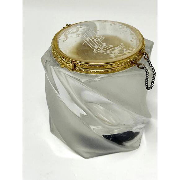 Frosted Crystal Gold Trimmed Hinged Dresser Trinket Box Musical Notes Signed KF - Picture 3 of 13